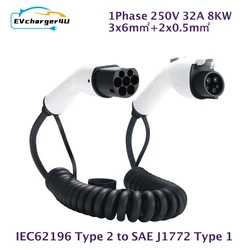 EVcharger4U Type2 To SAE J1722 Type 1 EV Charging Cable Spiral 1Phase 32A 110-250V 8KW Male To Female Coiled Charger Cables