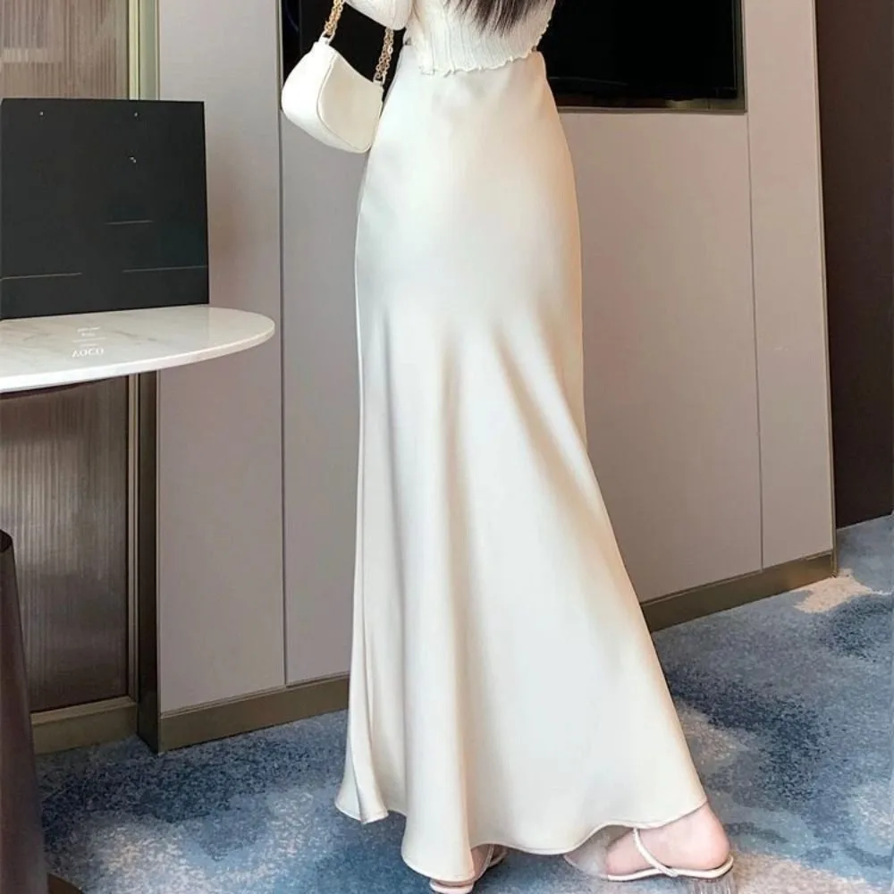 Simple Summer Satin Silk Long Skirt Slim Fit High Waist High Waisted Skirts Half Body Dress A Line Midi Skirt Women