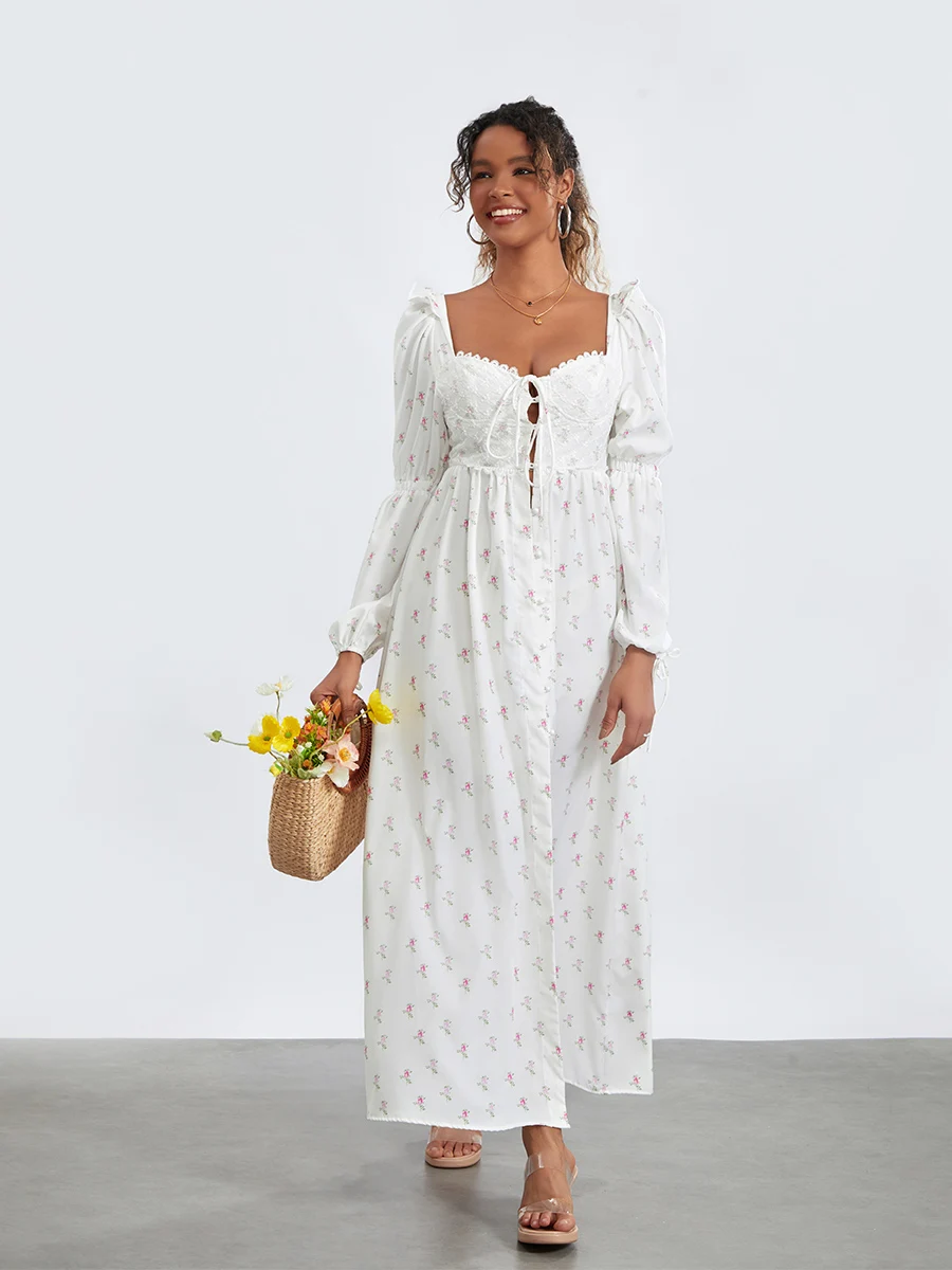 

Women s Floral Print Tie Front Sweetheart Neck Long Puff Sleeve Split Thigh Dress Summer Beach Boho Maxi Dress