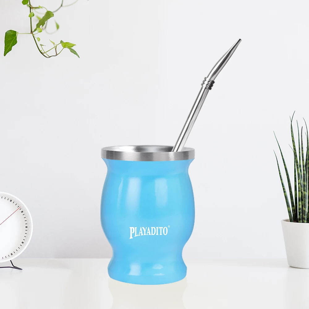 PLAYADITO 예르바 메이트 컵 304 스테인레스 스틸 이중벽, 8oz 아르헨티나 메이트 조롱박, 봄빌라 빨대, 청소 브러시 포함