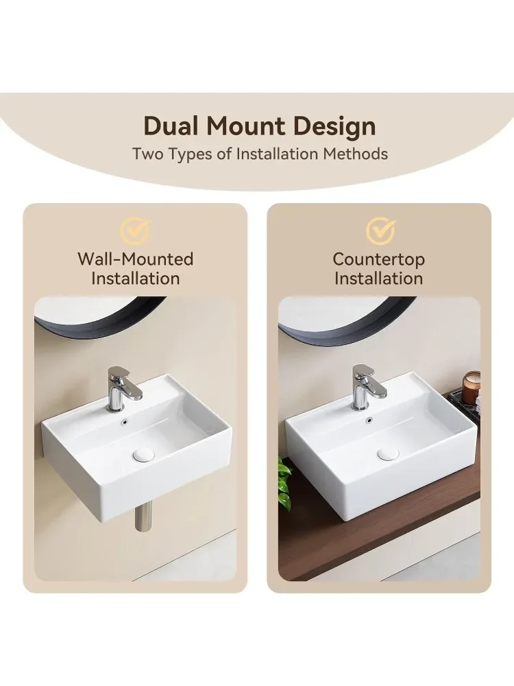Wall Mount Bathroom Sink 17.7"x 12.2" Floating Vessel Sink Vanity Elegant White Ceramic Porcelain Modern White Rectangle Home 3