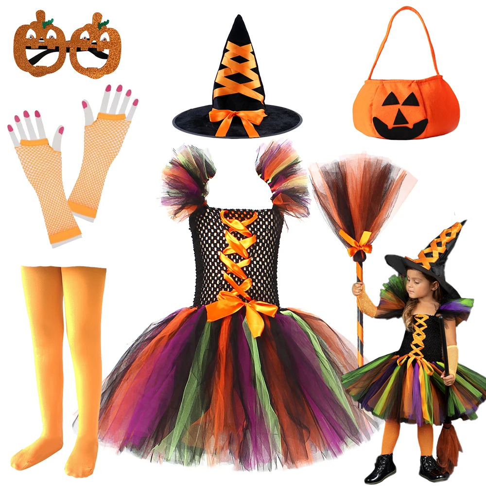 

2022 костюм ведьмы на Хэллоуин для девочек, детский фестиваль, карнавал, яркое платье вампира, оранжевое цветное Тюлевое платье-пачка, Ведьмак, метла