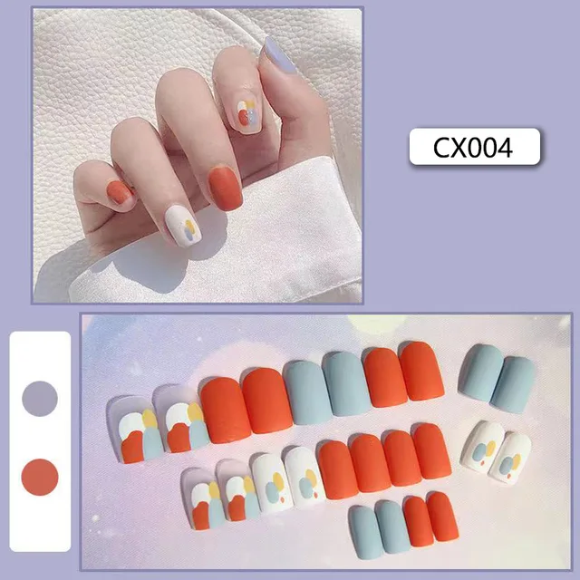 24pcs/box Fake Nails Press on Short Reusable with Designs Set French Artificial Pink False Tipsy Stick-on Nails Tips Art CX004