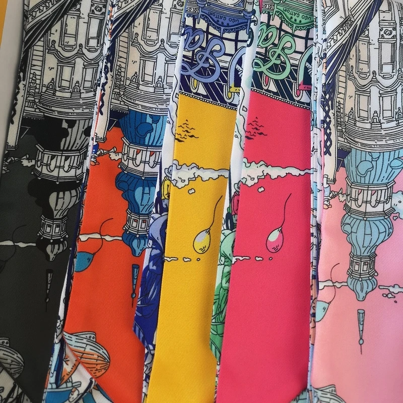 FranceSpring Versatile Fashion Eiffel Tower Ladies Leisure Decoration Twill Long Strip Streamer Silk Scarf Tie Bind a Bag Ribbon 6