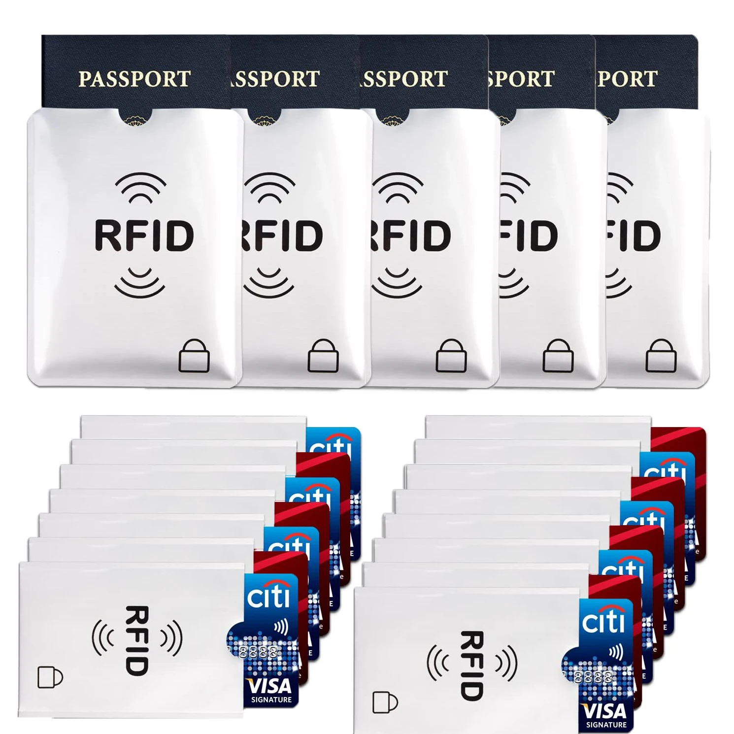 스캐닝 방지 커버 RFID 차단 신용 카드 ID용 슬리브 15개 + 여권 정보 보안 보호용 대형 홀더 5개