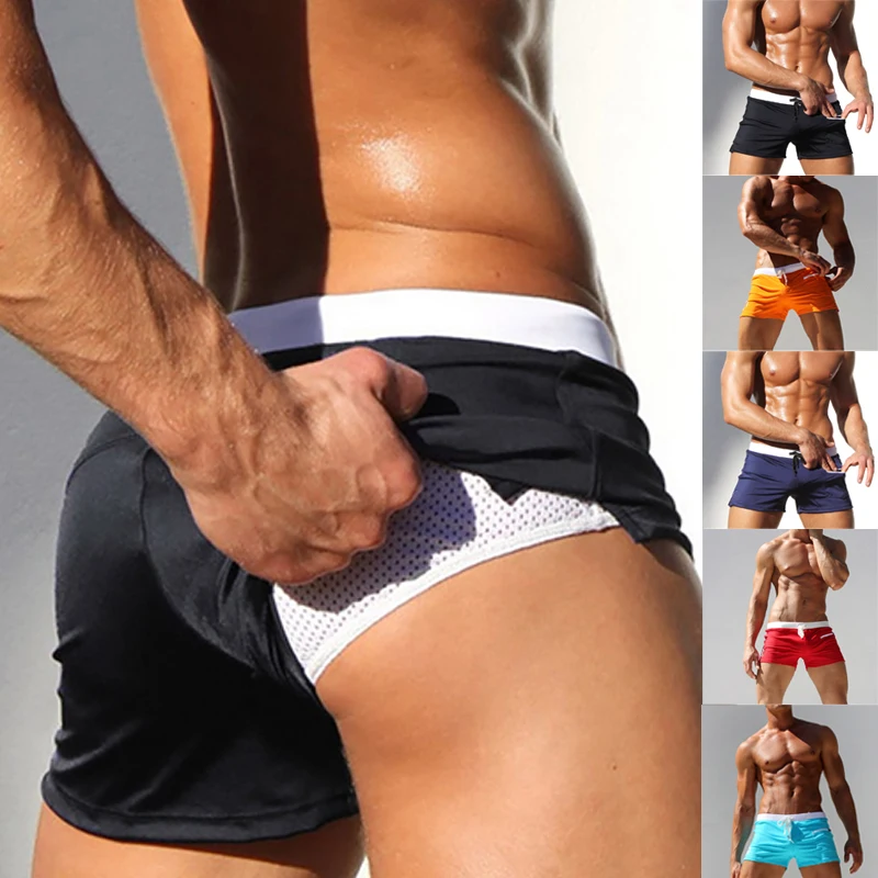 Shorts de natação com cordão masculino, cintura elástica, respirável, shorts de tábua de secagem rápida, calção masculino, natação, piscina, verão