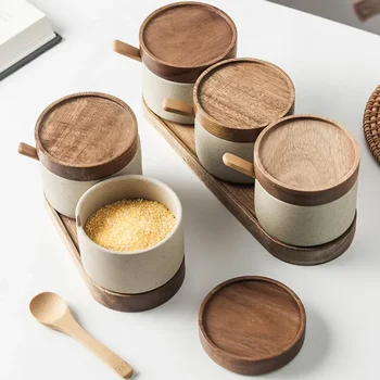 NUOVO barattolo di condimento retrò in ceramica bottiglia di conservazione del pepe barattolo di condimento rotondo in ceramica con coperchio in legno utensile da cucina per sale e pepe 1