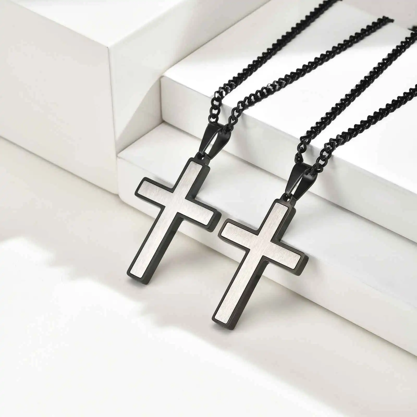 Simple Cross Necklace for Men, Stainless Steel Silver Black Color Cross Pendant Necklaces,Length 60CM 24Inch