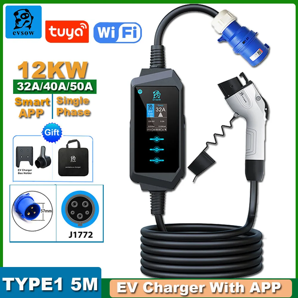 

evsow Electric Car Charger Type1 12KW 50A Portable EV Charger With WIFI Smart APP Type1 Electric Car Charging Cable Wallbox EVSE