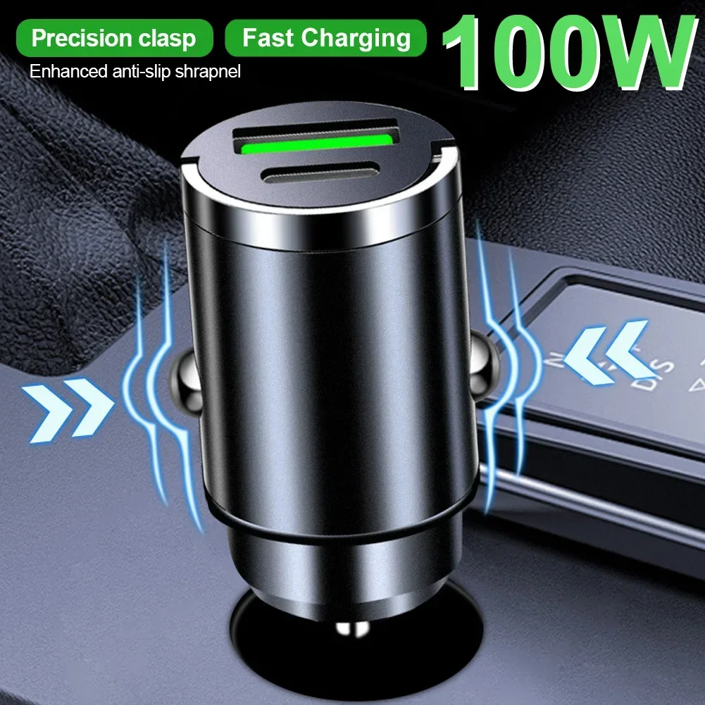 Compact 100W Dual USB Fast Car Charger with Type C Port