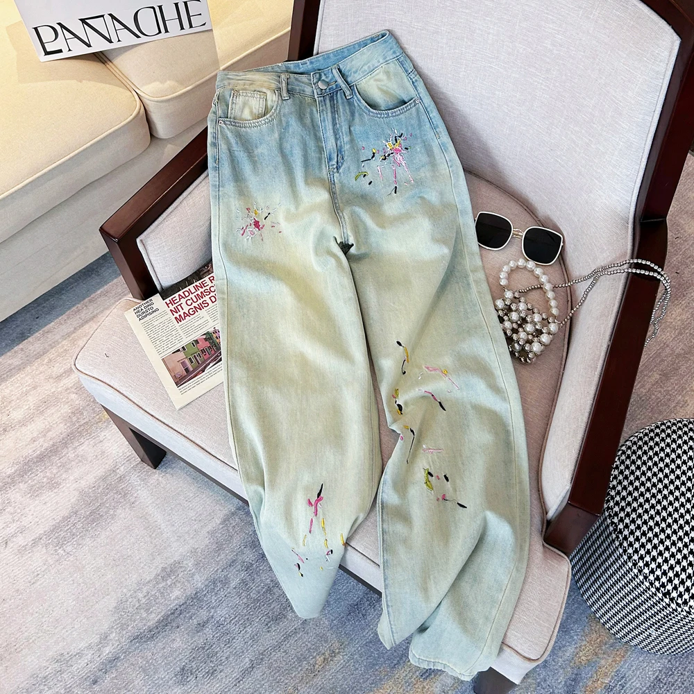 

Уличные креативные винтажные джинсы с вышитыми лепестками с надписью, женские свободные прямые джинсовые брюки с широкими штанинами на весну и осень