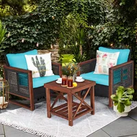 3 Pieces Patio Wicker Furniture Set, Rattan Outdoor Sofa Set w/Washable Cushion & Acacia Wood Coffee Table, Conversatio 1