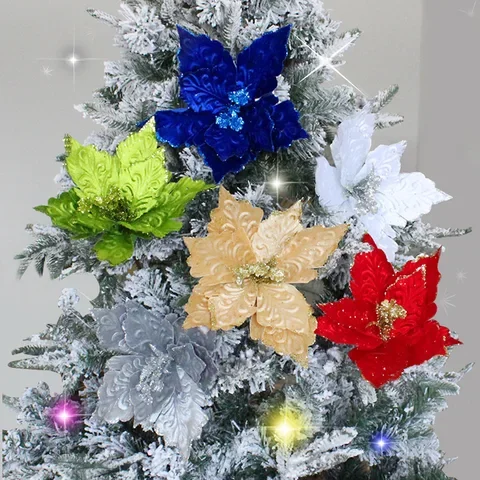 

Handmade Glitter Large Artificial Flowers Christmas Decoration Poinsettia Fake Flowers DIY Christmas Wedding New Year Home Decor