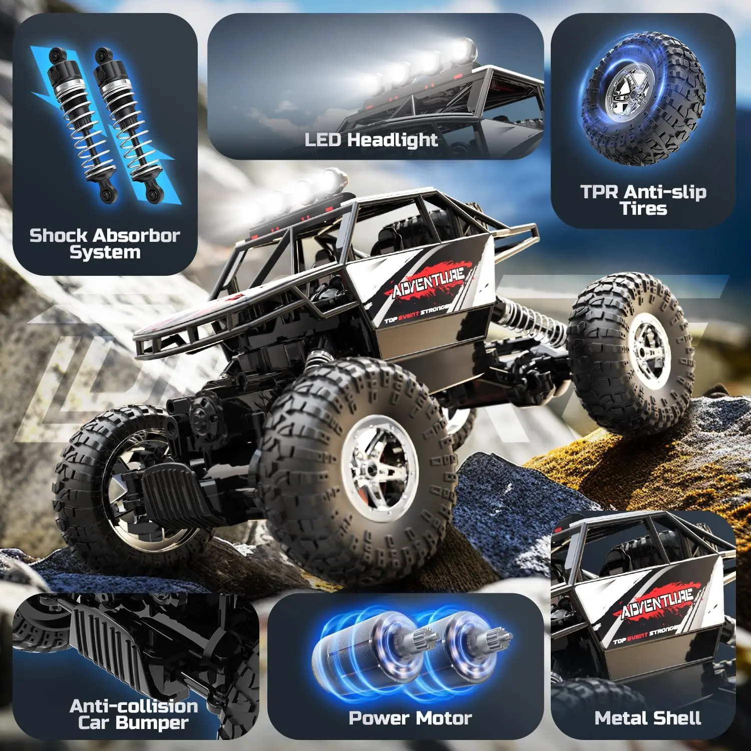 DEERC DE45 RC Car: 1:14 4WD Monster Truck, Metal Shell, 2 Batteries, 90 Min Play, 2.4GHz, LED, Rock Crawler 3