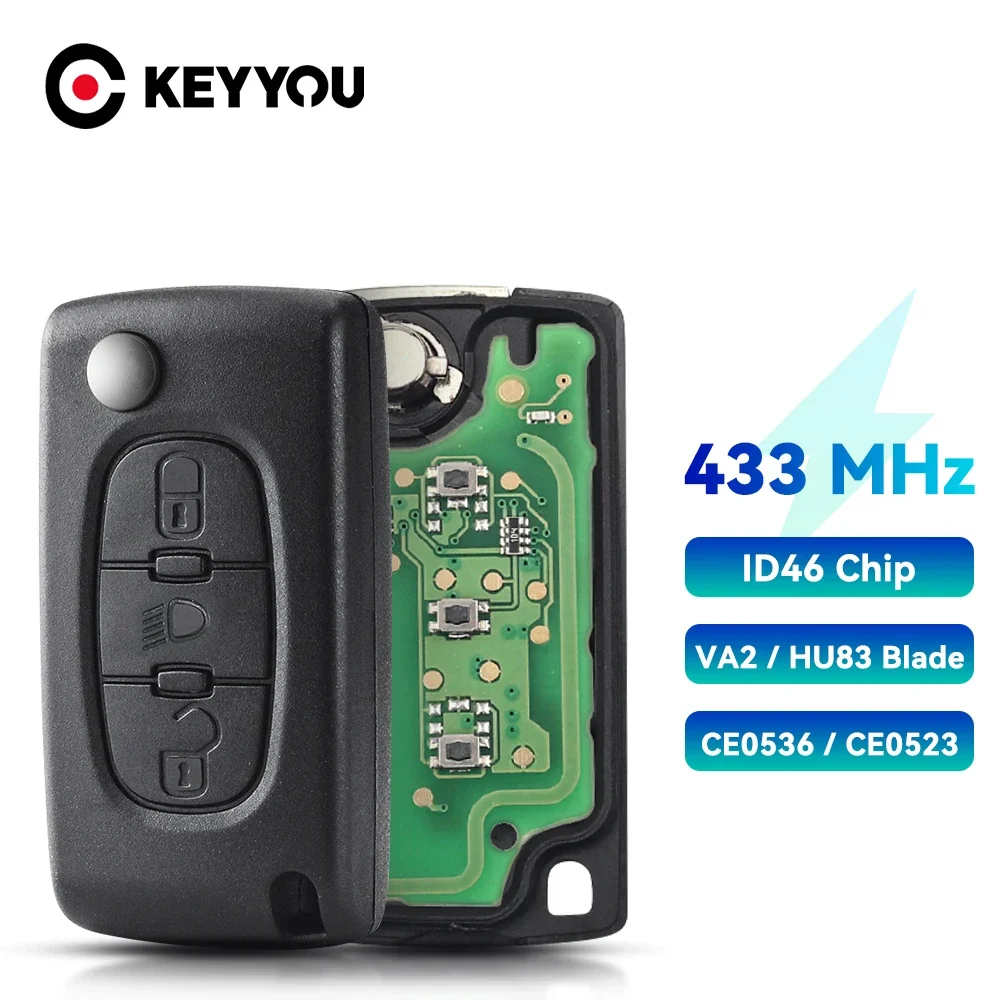 

KEYYOU For Peugeot 407 407 307 308 607 SW For Citroen C2 C3 C4 C5 3BTN light Remote Car Key VA2/HCA 433Mhz ID46 CE0523 Ce0536