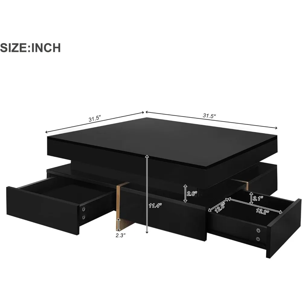 Modern Coffee Table with Storage, Contemporary Square Coffee Table with Drawers, High Gloss Modern Center Table 2