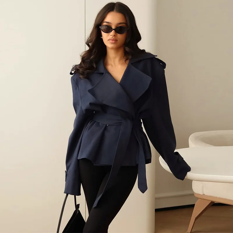 Jackets Coat Women Autumn Outerwear Turn Down Collar Lace Up Tight Waist Slim Female Jacket Office Lady High Street Overcoat