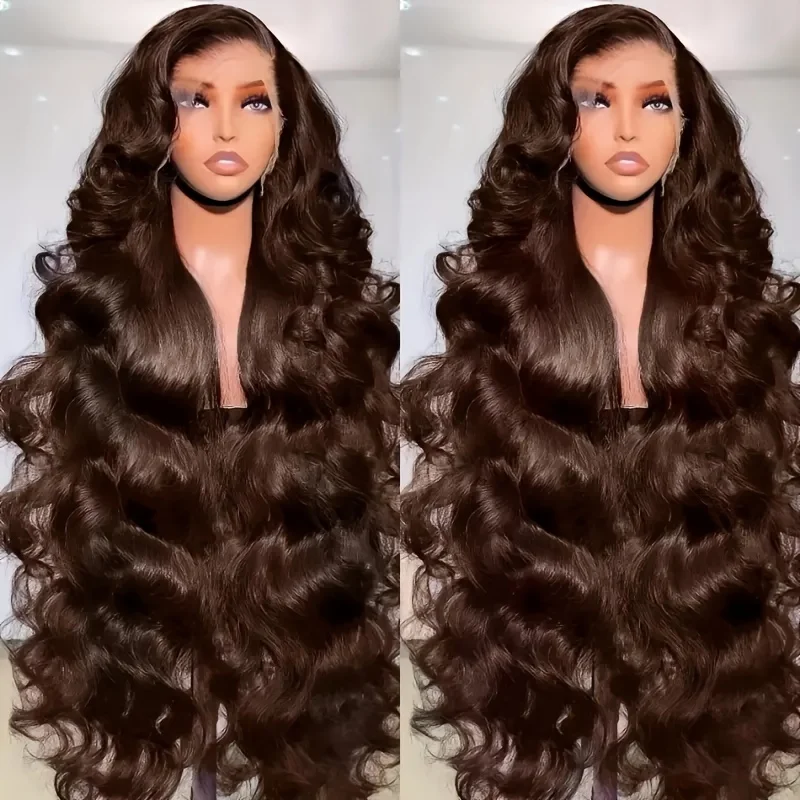 200% #4 Body Wave Human Hair Wig Chocolate Brown Wavy HD Lace Frontal Wig 13x4 Pre Plucked Body Wave Lace Front Wig Natural 2