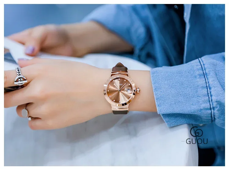 Orologio da polso al quarzo da donna alla moda GUOU con cinturino in vera pelle, diamanti, strass, calendario, lente d'ingrandimento, orologio da donna_voghion.com