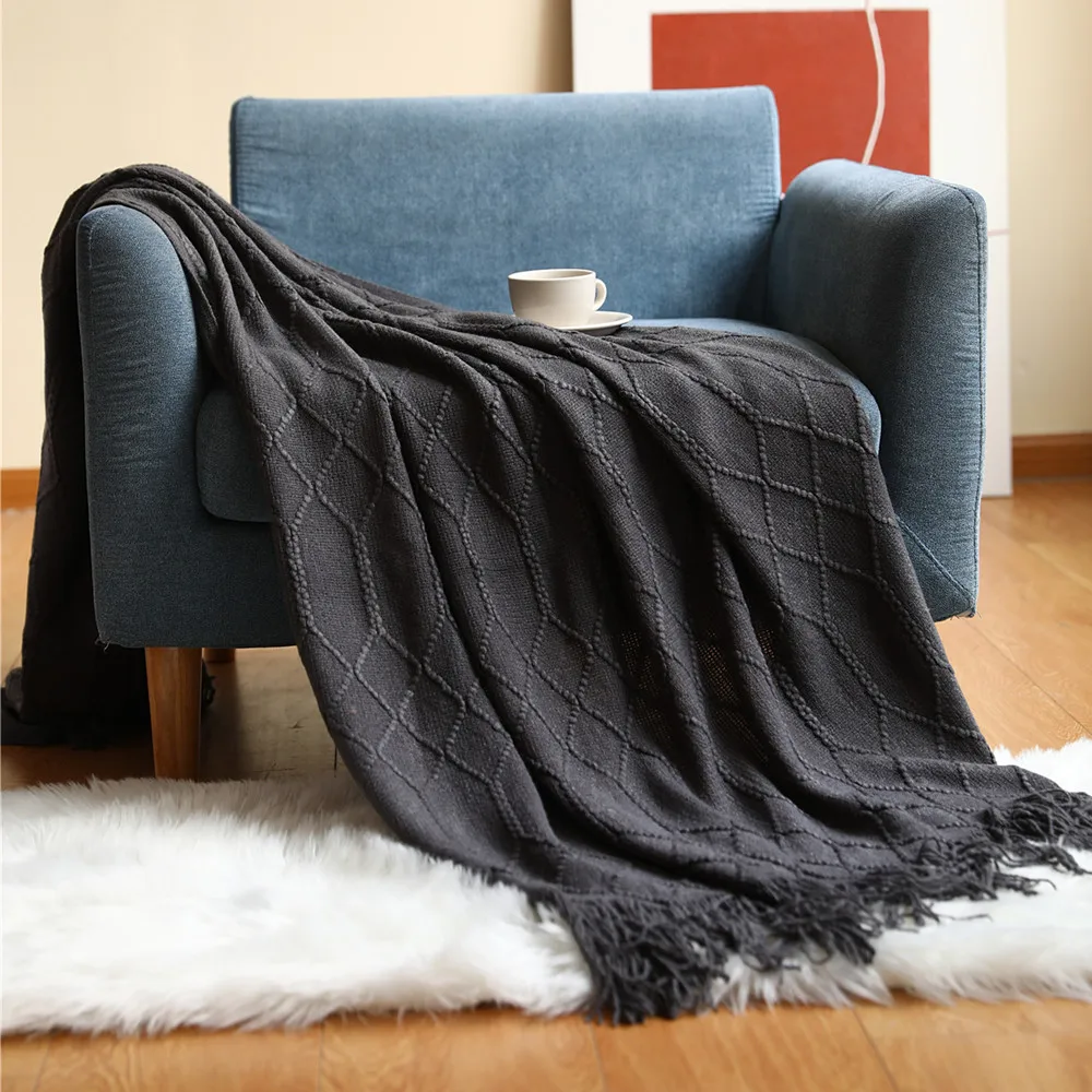 Boho Blue Knitted Throw Blanket with Tassels – Cozy Farmhouse Decor and Gift