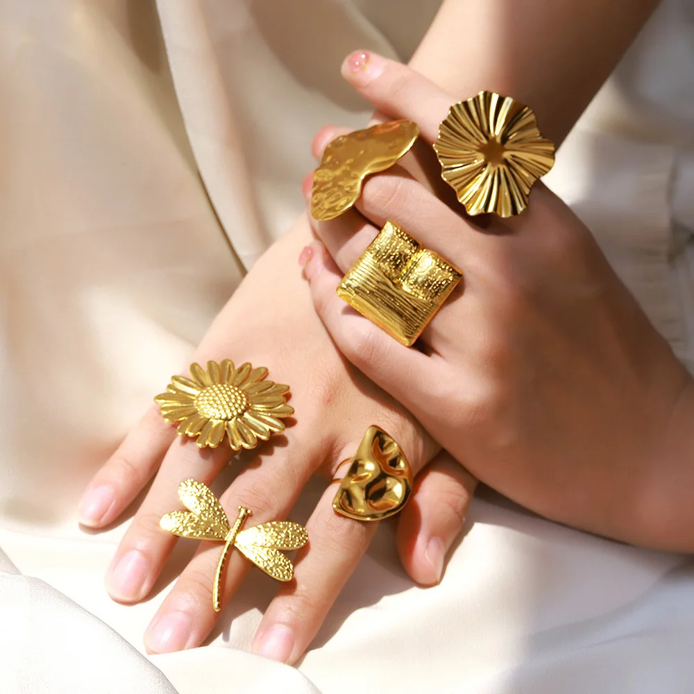 Exaggerated Big Sunflower Open Ring Bohemian Jewelry Wedding Gift For Women Stainless Steel