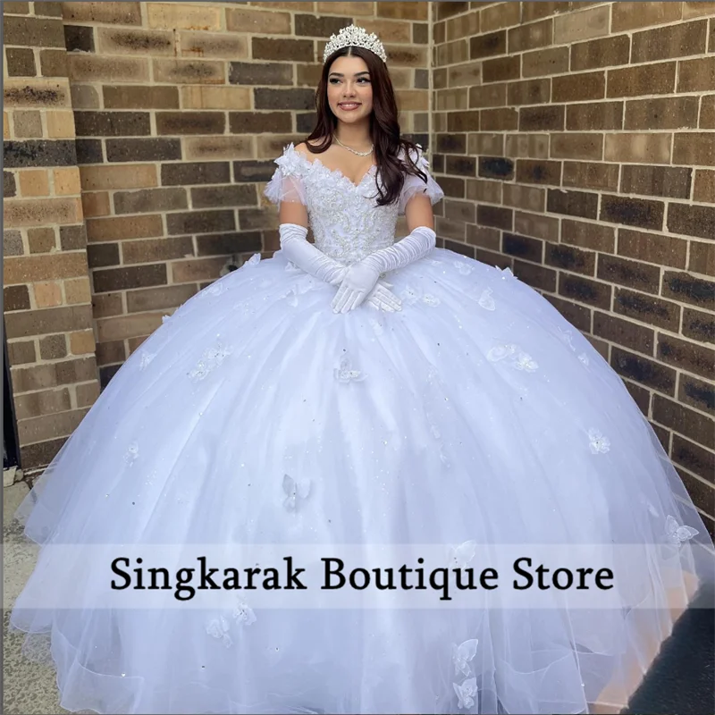 Unique Strapless White Satin Lace Layered Formal Quinceanera Dress Ball Gown SP321