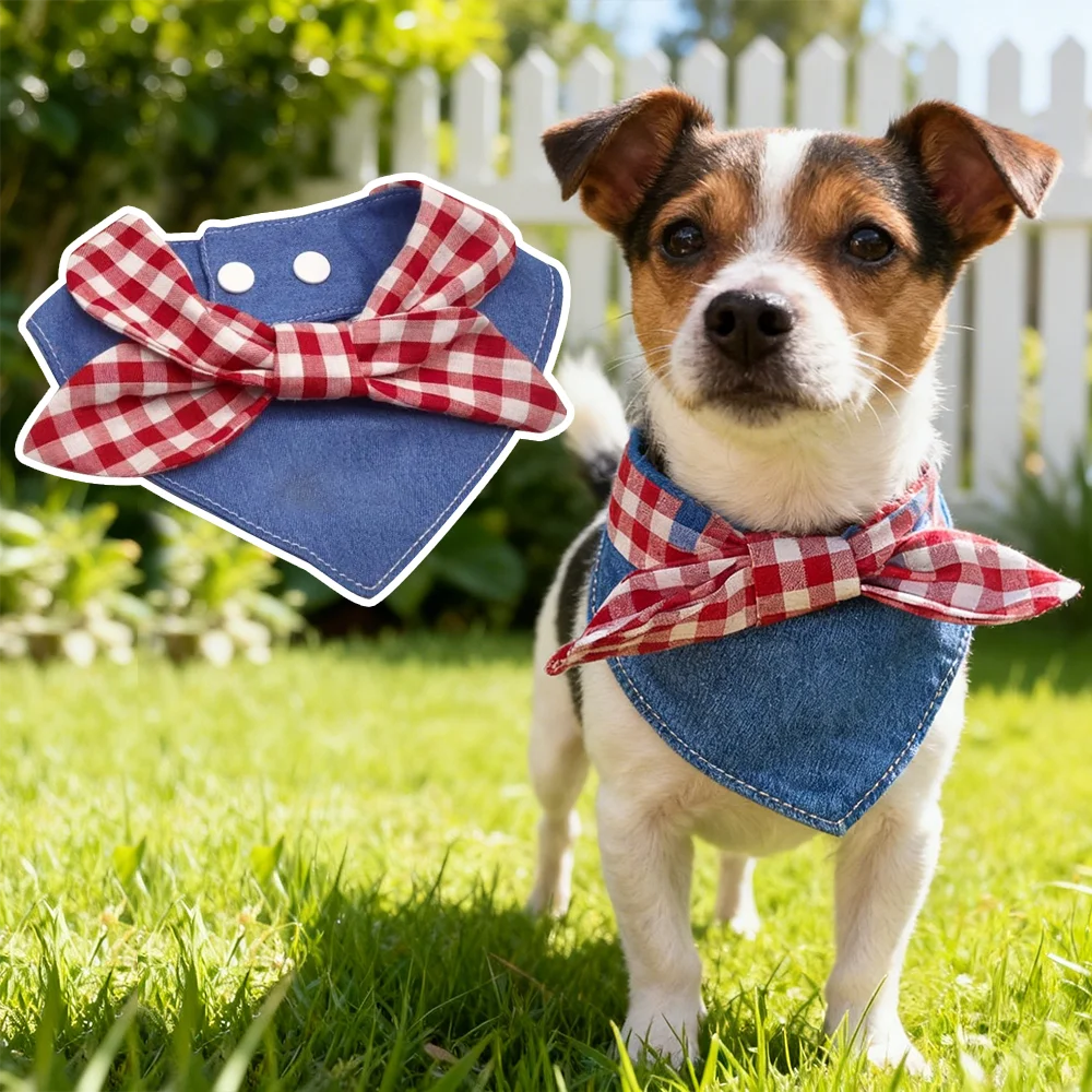 Bandana triangulaire à carreaux rouges pour animaux de compagnie, bavoir ajustable pour chien et chat, avec nœud papillon mignon pour chiot et chaton, idéal pour les petites et moyennes tailles._voghion.com
