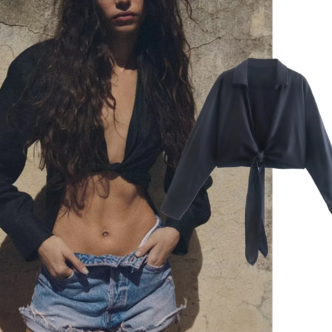 

Withered Indie Folk Holiday Crop Tops Short Shirt Fashion Ladies High Waist Sexy Linen Black Blouse Women