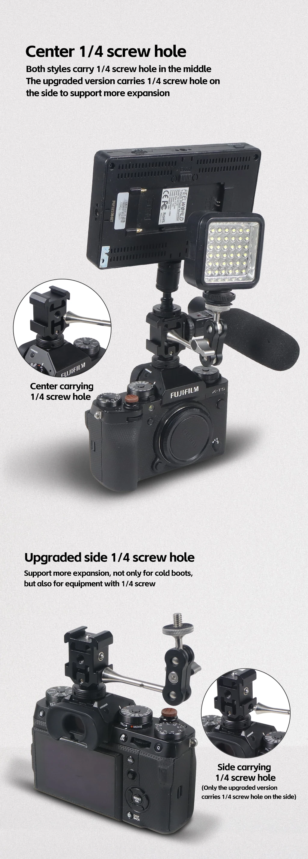 Triple Cold Shoe Mount mit 1/4" Gewinde für Nikon Canon DSLR Kamera Stativ Mikrofon Lichter Adapter für GoPro für DJI Mic 1/2 – Detail 5