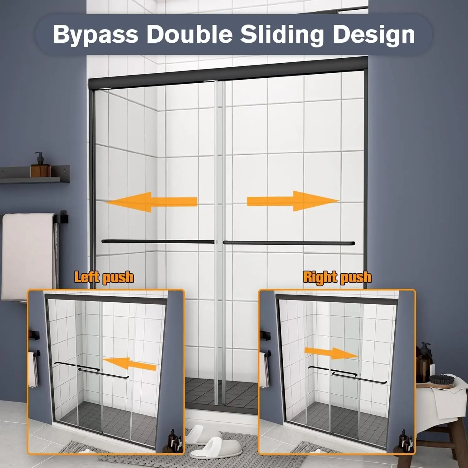 Double Sliding Shower Door, 44" - 48" W x 70" H Semi-Frameless Glass Shower Door with 1/4" Clear SGCC Tempered Glass 5