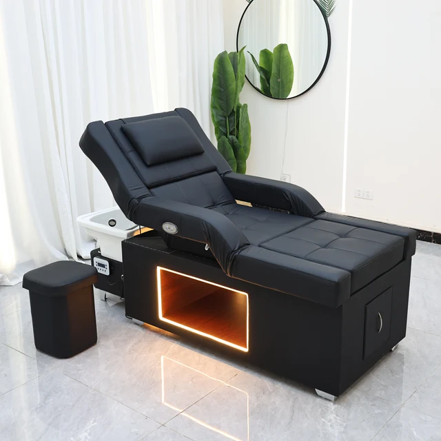 Lit de lavage de cheveux relevable avec fumigation, table de massage thaïlandaise pour salon de coiffure avec bassin de massage des pieds, personnalisable 1