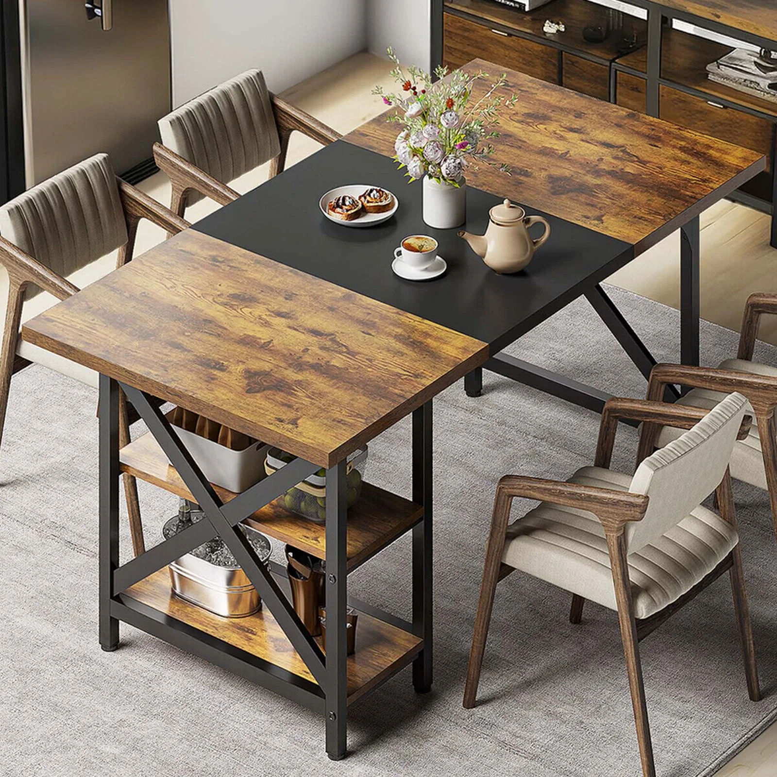 

70'' Large Wood Metal Dining Table for 4-6 People Rectangular Wood Kitchen Table