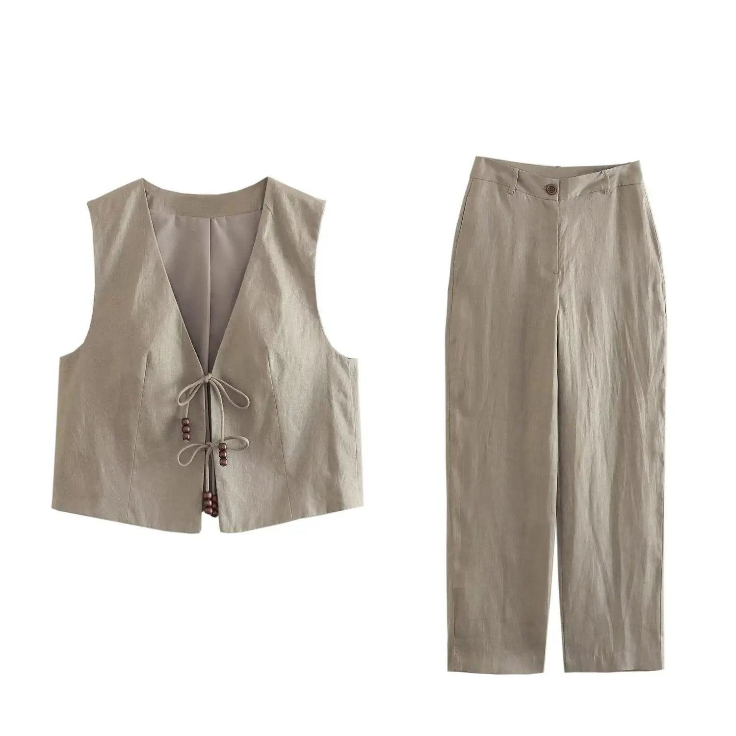 

Кардиган женский льняной с завязкой, Модный комплект из жилета и брюк с широкими штанинами, уличный тренд, однотонный комплект из двух предметов, офисная одежда на лето