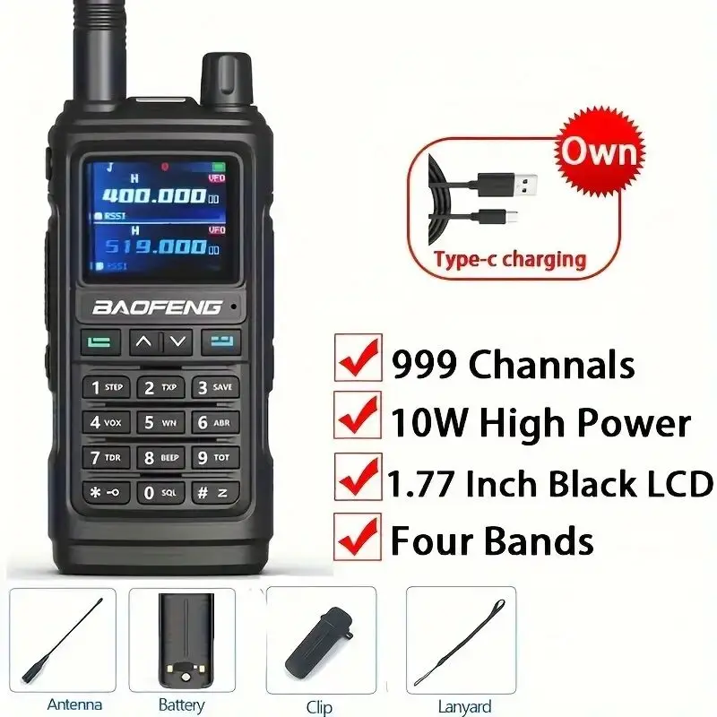 1pc 5/10W UV 17 Pro Max Walkie Talkie, Four Bands Wireless Copy Frequency Powerful Waterproof Two Way Radio, Long Range WalkieTa 2