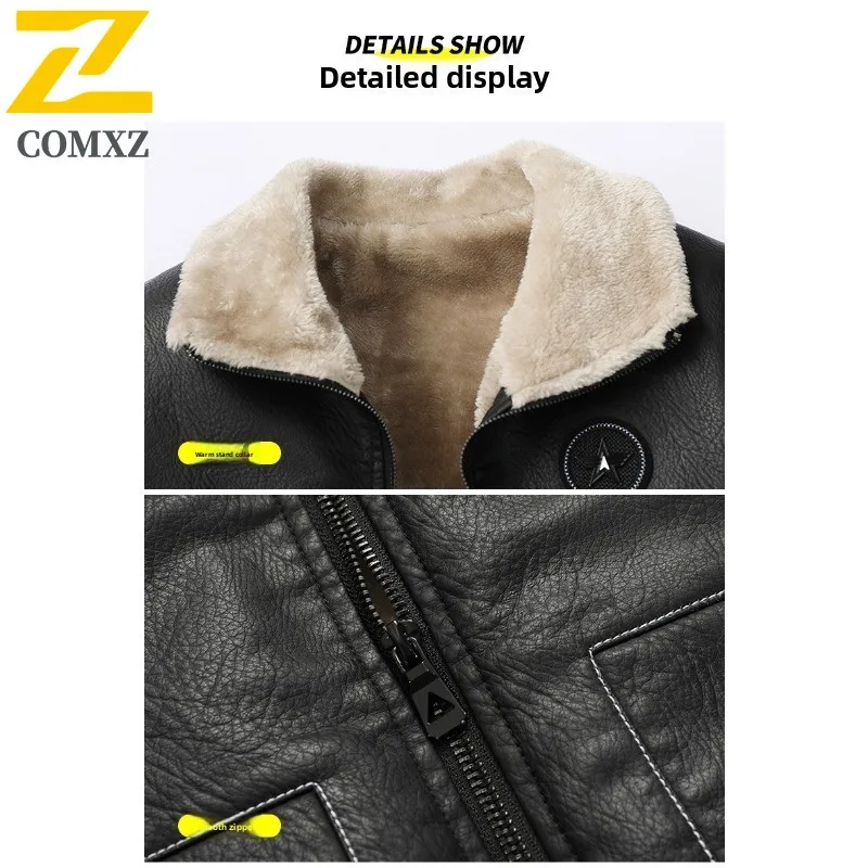 ​Men  Leisure Sports Jacket Winter Thickened Fleece Lined Waterproof Stand Collar Motorcycle Biker Style Warm Cold Weather​ Coat