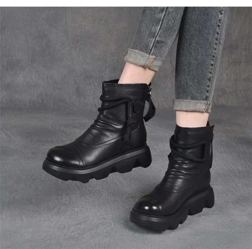 

New Women's Short Boots Casual Shoes High Top Leather Cowboy Boots Round Toe Lace-up Platform Ankle Boots
