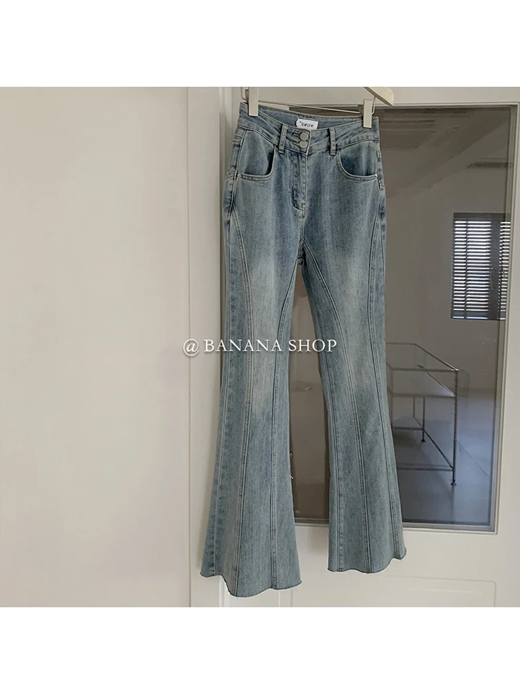 

Vintage High Waist Slim Fit Streetwear Style Blue Jeans Pants 2023 Korean Fashion Women's Y2K Flare Denim Trouser Female Clothes