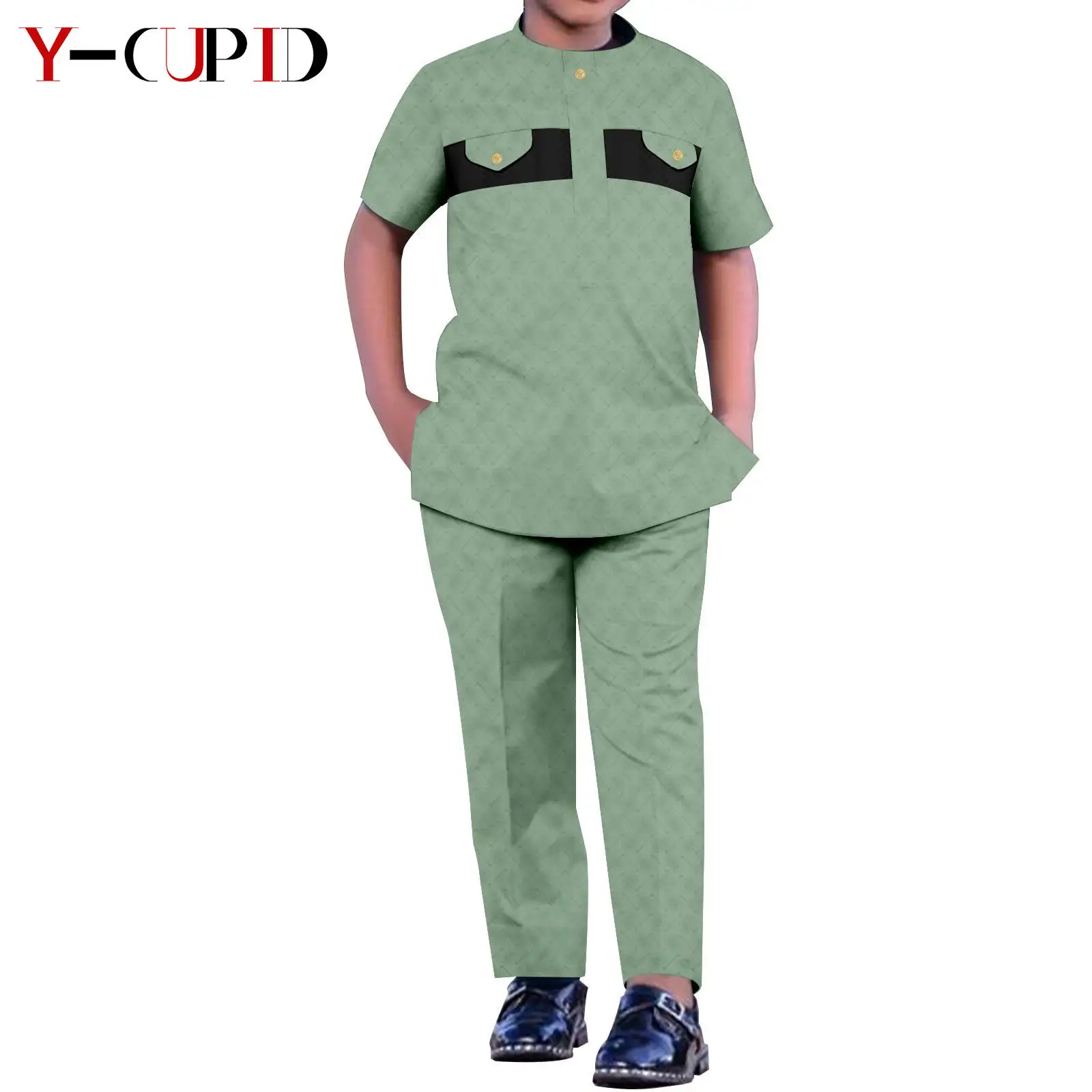 African Boy Suits Top and Pant 2 Pieces Sets Bazin Riche Children Kid Outfits Traditional Kaftan Muslim Clothes Attire Y234018