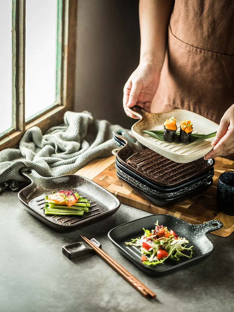 Ceramic Dessert Plate Oven Specific Breakfast Plate Japanese Square Handle Salad Platea Nuts, sushi, vegetables fruit