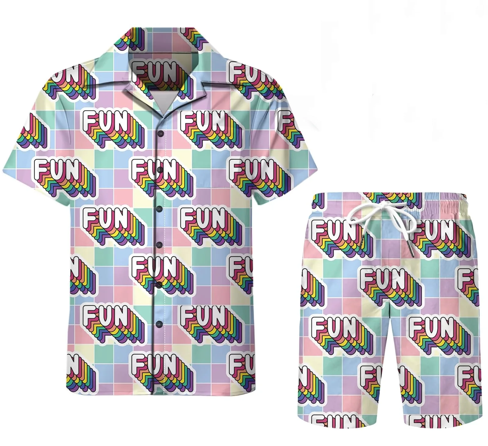 thumbnail image 1 of Conjunto de 2 piezas para hombre, estilo retro de los años 80 y 90, con estampado de setas mágicas psicodélicas, camisa 3D informal, pantalones cortos de playa de gran tamaño, estilo hawaiano para vac, 1 of 5