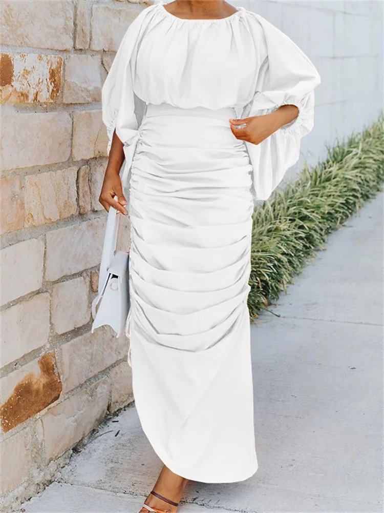 Wmstar Women Dress Autumn Elegant Solid Color Fashion O Neck Lantern Long Sleeve Irregular Ruffled Slim Party Lady Long Dresses