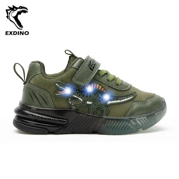 EXDINO 어린이용 LED 스피노사우르스 스니커즈, 어린이 공룡 소년, 깜빡이는 야외 캐주얼 스포츠 스니커즈, 가을 라이트 업 슈즈, 2-6Y