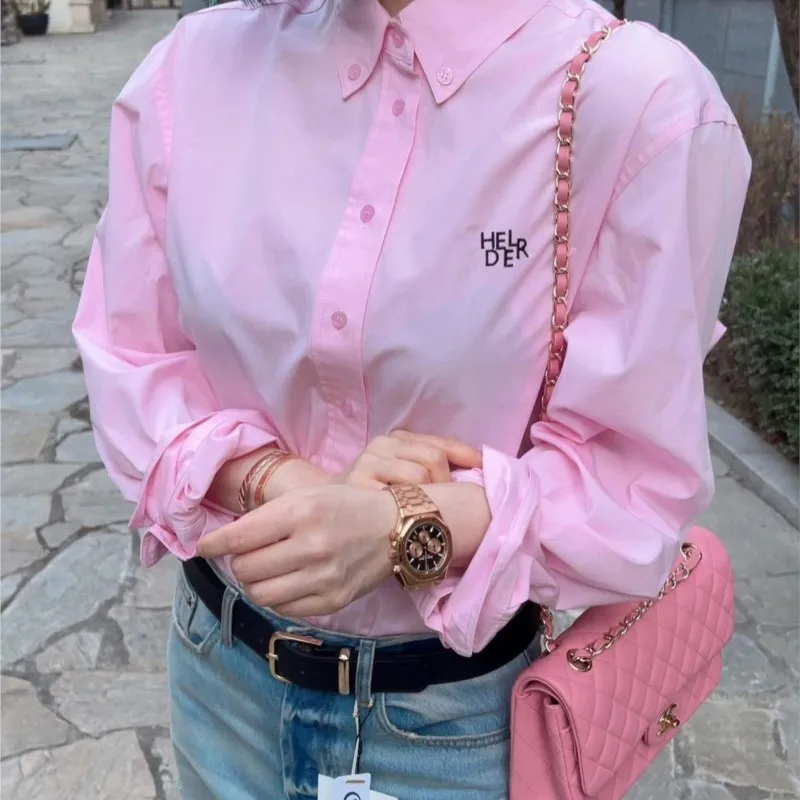 

Spring 2023 New South Korean Embroidery Logo Contracted Good Match Long Sleeve Shirts Clean Letter Embroidered Shirt Multi Color