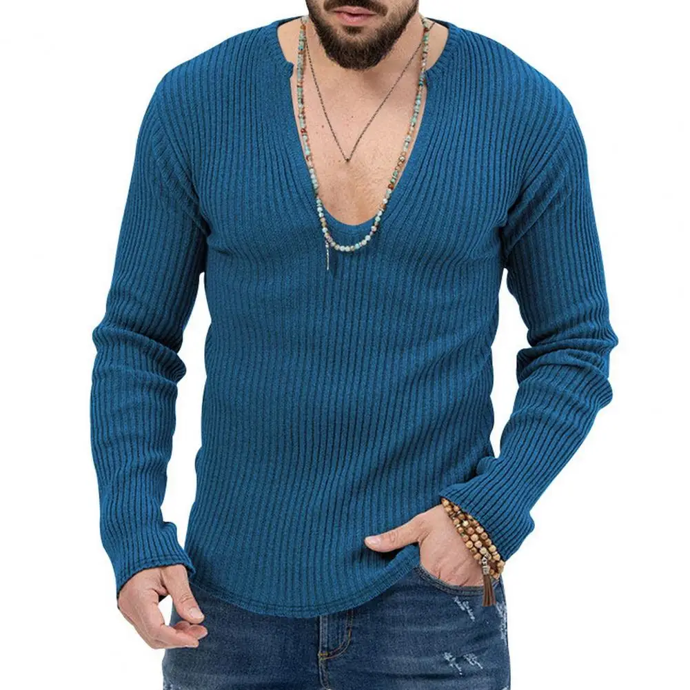 

Winter Mens Sweater M-3XL V Neck Slim Fit Long Sleeve Elastic Knitted Pullover Men Bottoming Top
