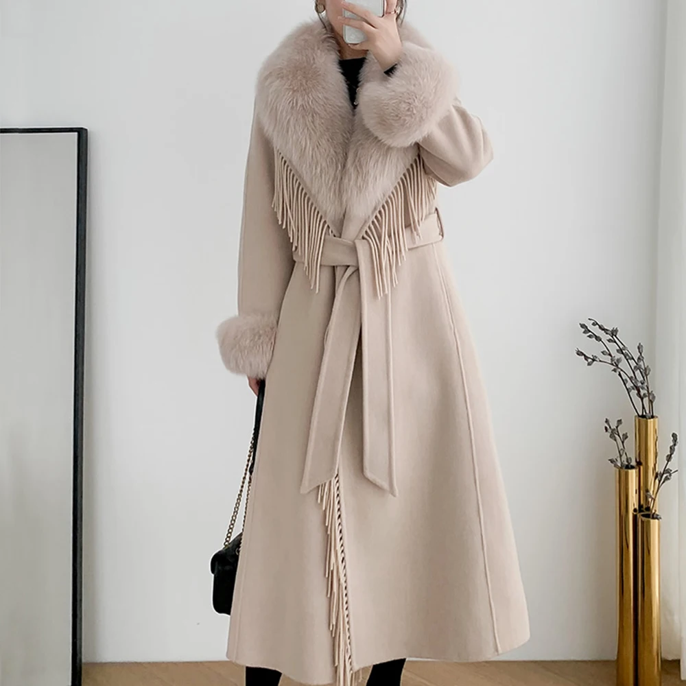 FURYOUME Winter Women Real Fur Coat Jacket X-long Tassel Cashmere Wool Blends Female Lady Trench Belt Fox Fur Collar Streetwear