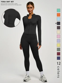 Fitfemme 2Pcs Women's Spring Yoga Sport Suit High Waist Legging Jacket Lifting Running Pants Outdoor Set 1