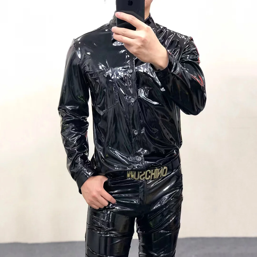 

15-Colorful Mirror Reflective Glossy Leather Shirt Men's Elastic Slim Fit Shirt Nightclub Bar Singer Stage Performance Uniform