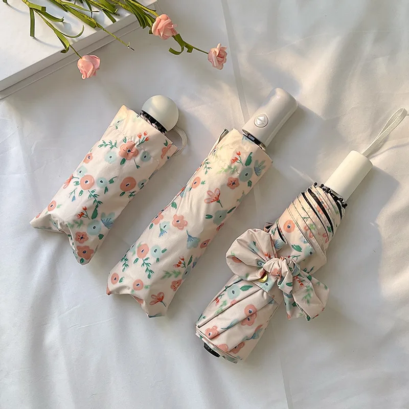 High Density Fabric with Color Coating Pocket Umbrella 3 Folds / 5 Folds Fresh Floral Sunny and Rainy Dual-use Sunshade Umbrella