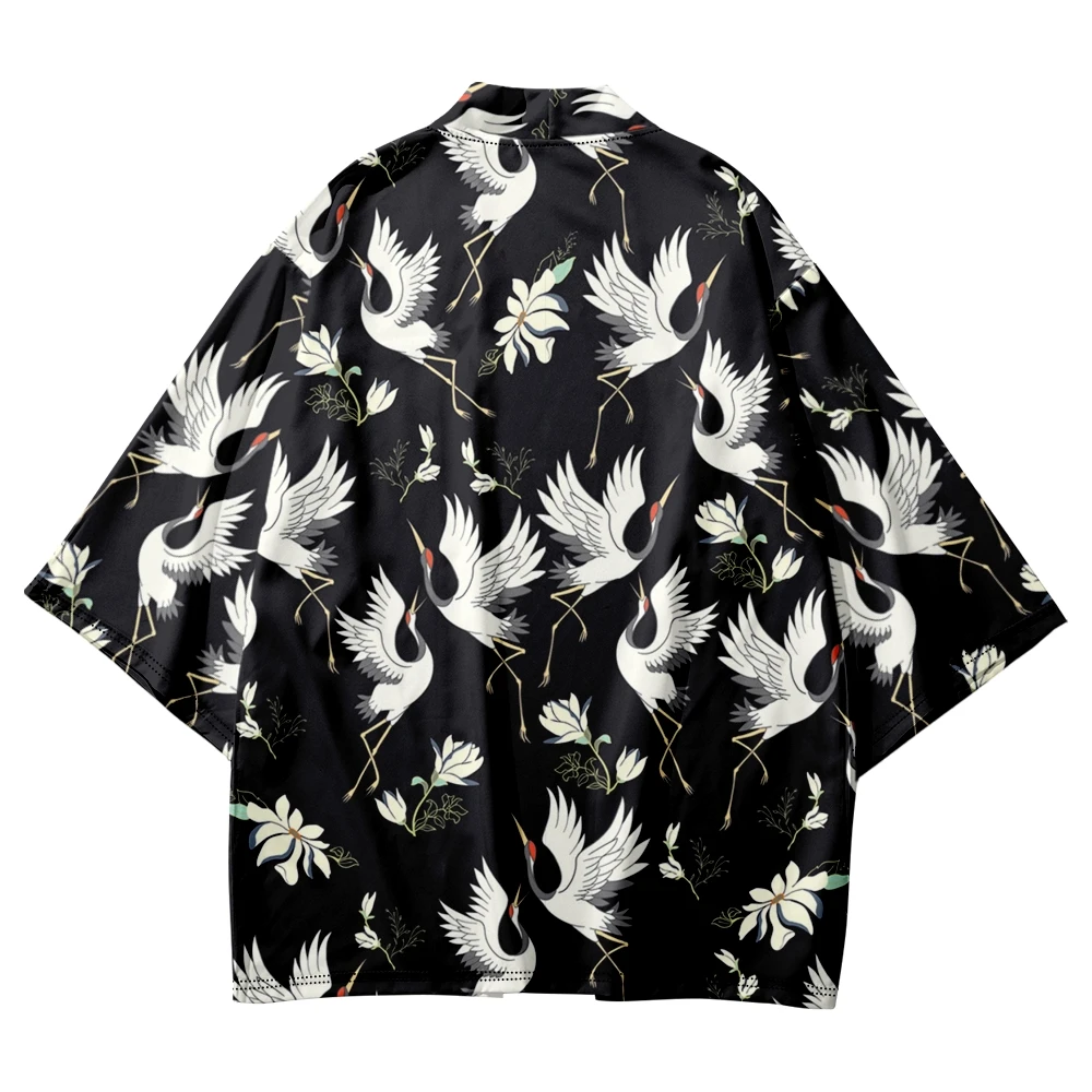 

Traditional Crane Print Black Haori Kimono Japanese Fashion Shirt Clothing Women Men Harajuku Streetwear Cardigan Yukata Cosplay