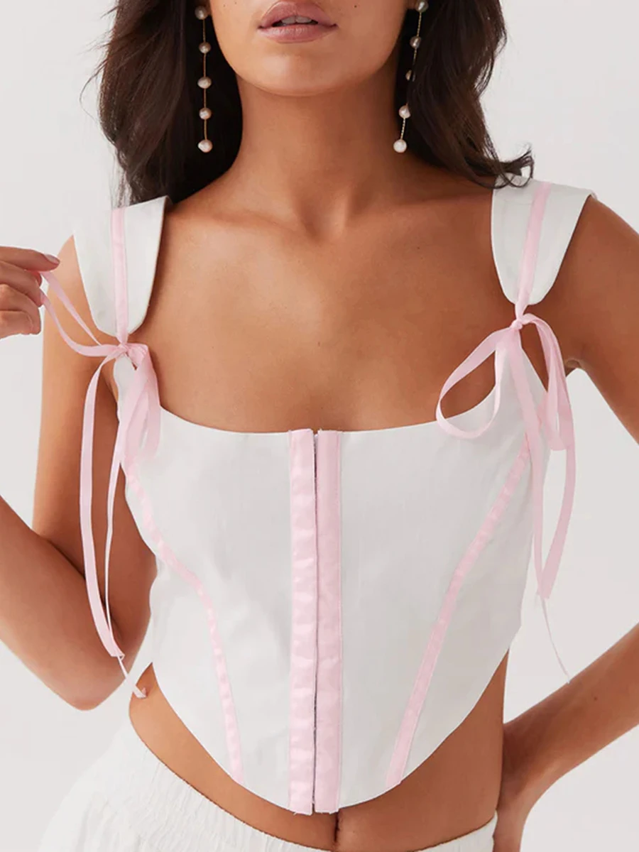 

Женский летний модный топ на бретельках, белый жилет без рукавов с завязкой-бантом спереди, топы